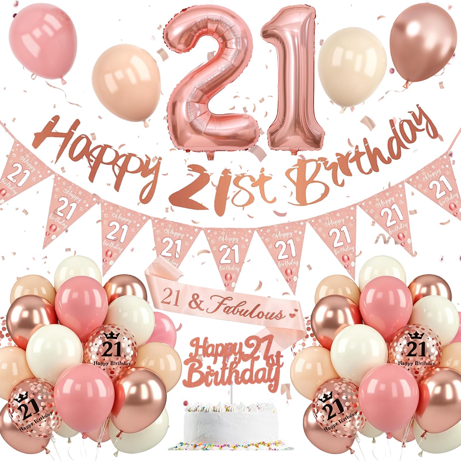 21th Birthday Decoration for Women,21th Birthday Decoration with Retro Pink Rose Gold Balloons,Happy 21st Banner, Cake Topper, Number 21 Foil Balloons for Women Party Decoration — image 1