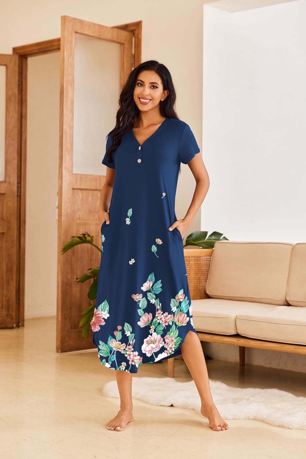 Ekouaer Long Nightgowns for Women Button Night Gowns Short Sleeve Sleepwear Full Length Sleep Shirts With Pockets S-2XL - Image 2