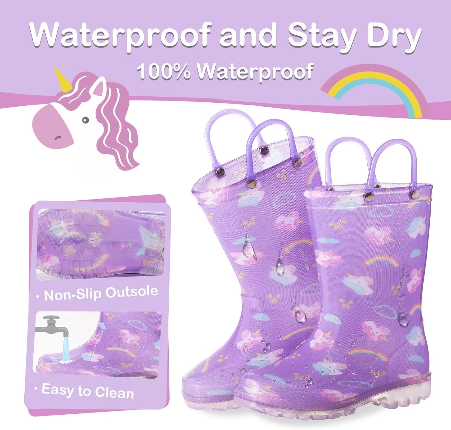 FUNCOO PLUS Toddler Kids Rain Boots Boys Girls Light Up Waterproof Boot with Handles