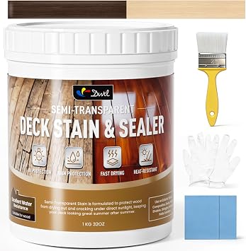 DWIL Wood Stain and Sealer in One, Water Based Semi-Transparent Outdoor Wood Stain for Decks, Fences, Furniture, and Wood Projects, Fast Drying Low Odor Formula 32oz Dark Brown