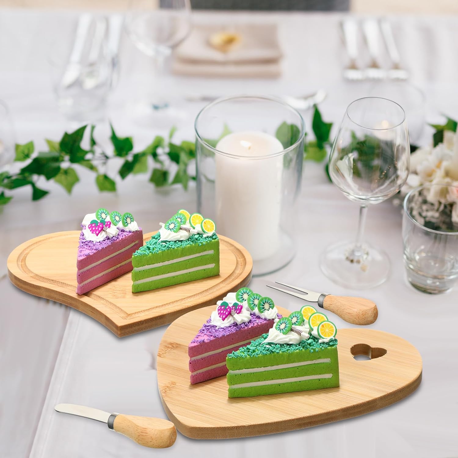 Nuogo 16 Set Wedding Bridal Shower Cheese Board Party Favors Wooden Mini Charcuterie Boards and Knives Set with Thank You Tags Bamboo Board Gifts for Guests Valentine Bridal Birthday Party(Heart)