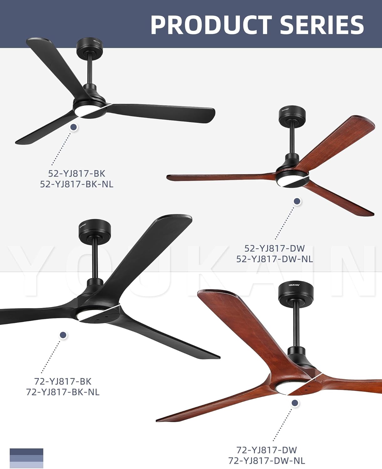 YOUKAIN 72 Inch Ceiling Fan No Light, 3 Black Solid Wood Blade, Remote Control, 6-Speed Reversible Motor, Timer, Propeller Outdoor Ceiling Fans for Patios, Living Room, 72-YJ817-BK-NL