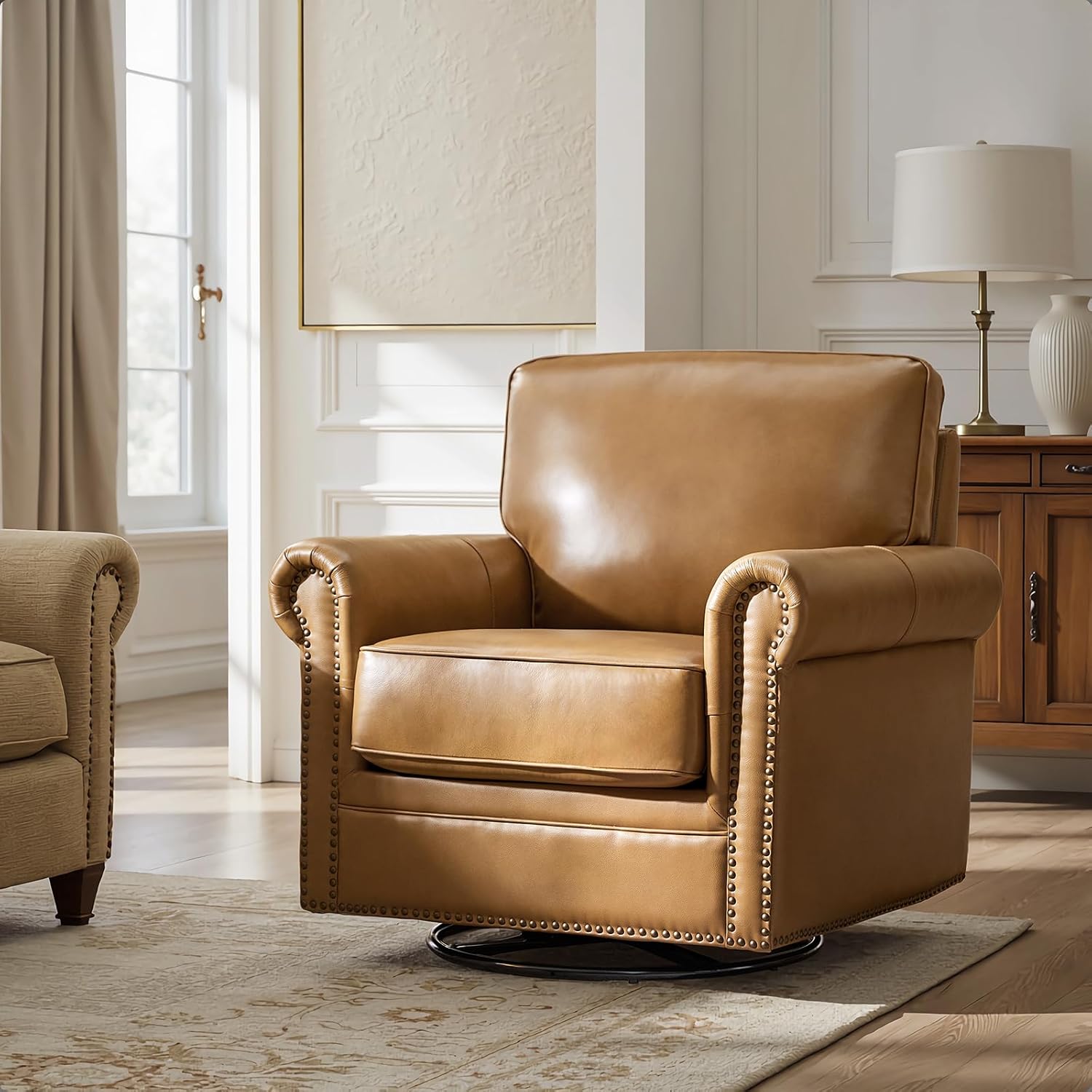 HULALA HOME Genuine Leather Swivel Rocker Chair, Swivel Rocking Barrel Chair with Nailhead Trims, Traditional Leather Accent Chair for Living Room, Easy Assembly, Camel