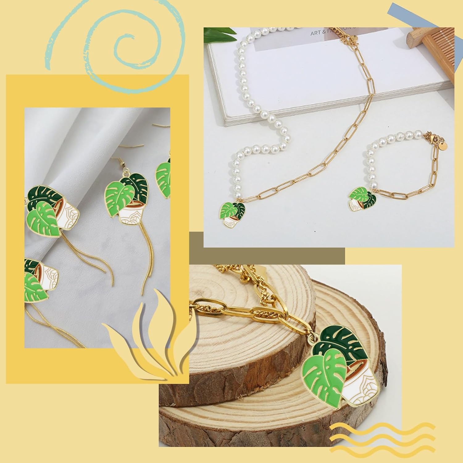 LiQunSweet 50 Pcs Pot Culture with Leaf Enamel Alloy Charms Monstera Leaves Green Plant Potted Charms for DIY Jewelry Crafts Bracelet Necklace Decoration