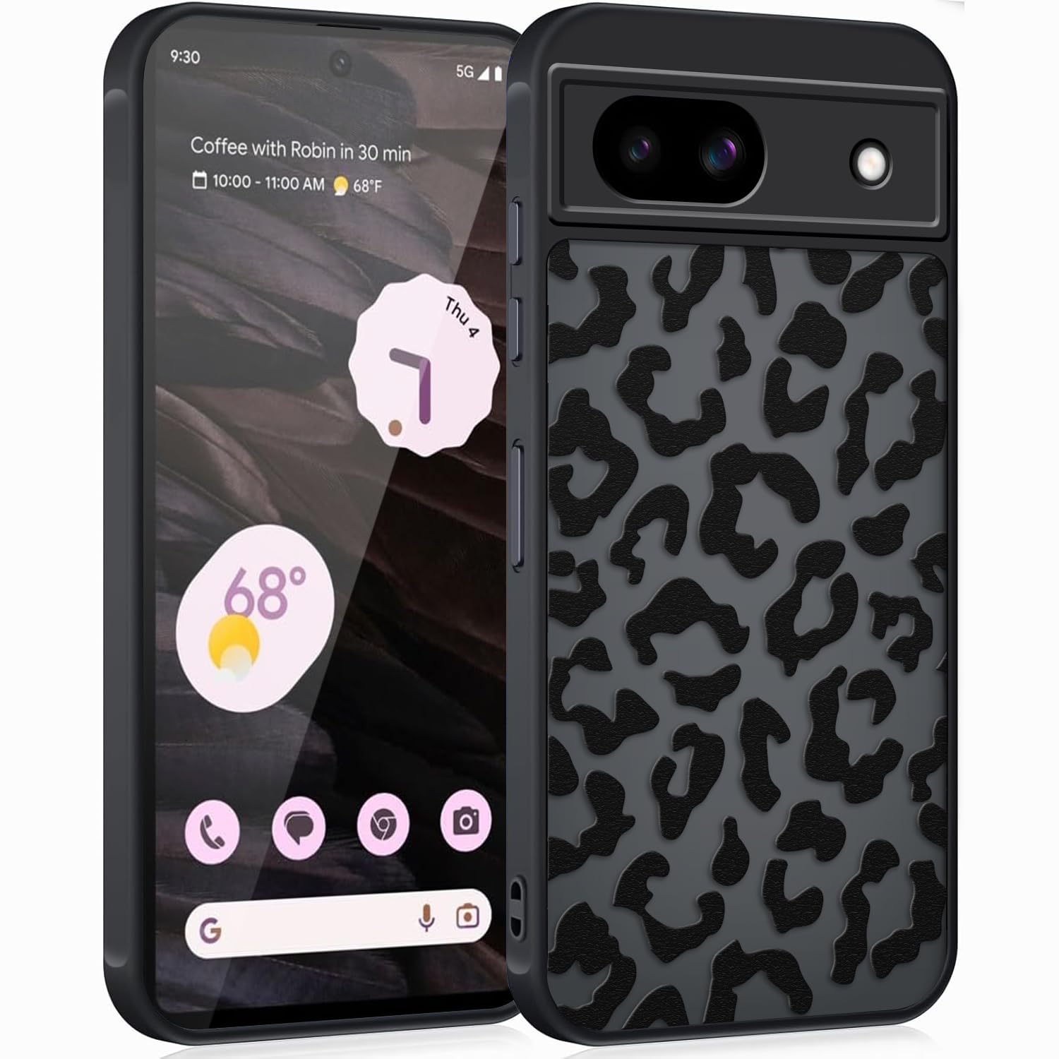 Case for Google Pixel 7A, Translucent Matte Silicone Case with Aesthetic Leopard Pattern, Minimalist PC Hard Back Cover Anti-Scratch + TPU Bumper Shockproof – Black