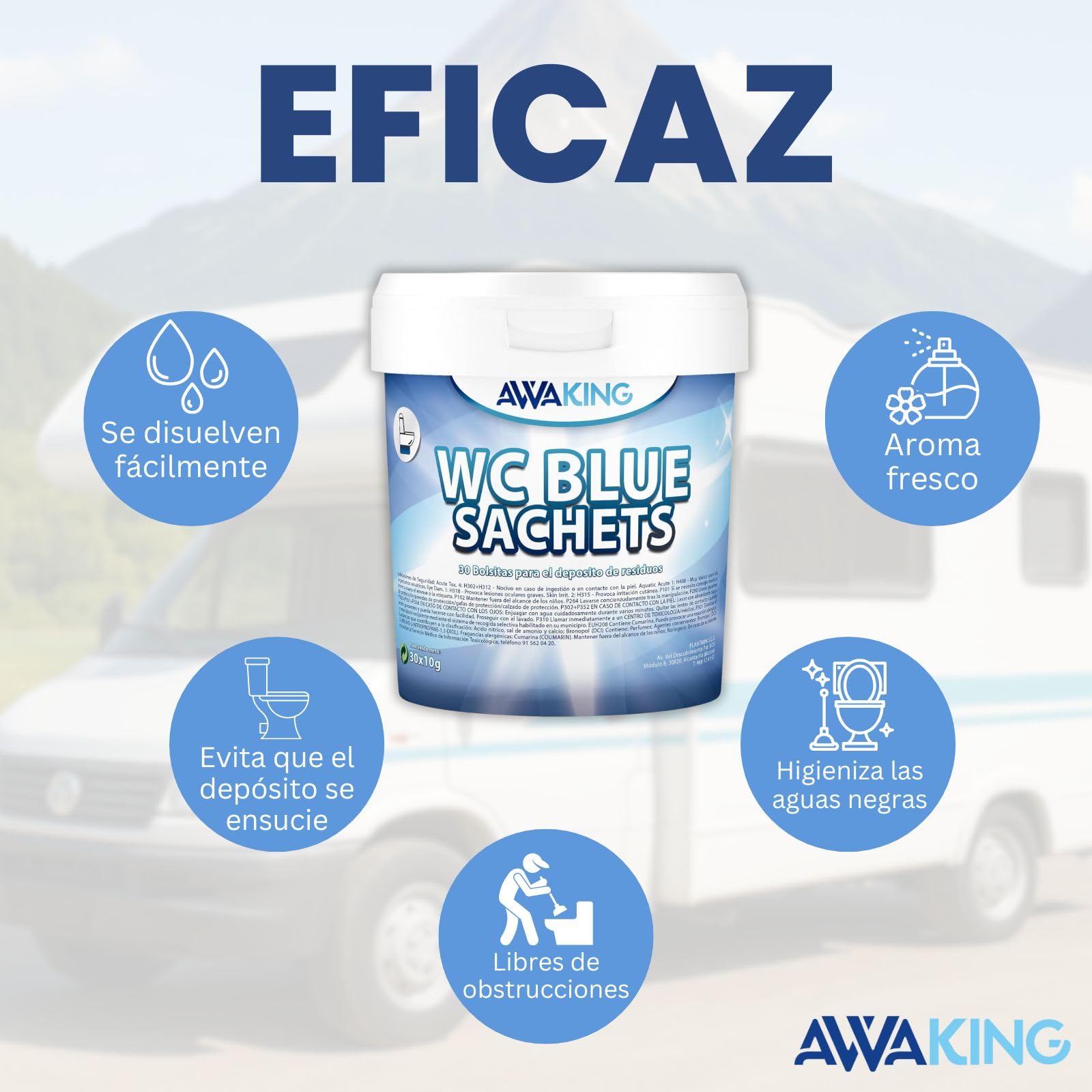 AWAKING Pastillas WC Quimico Autocaravana Blue Sachets 30ud | Limpia y Desodoriza. Fórmula Concentrada y Aroma Fresco Depósito Aguas Negras de Caravana, Limpieza profunda, Camper, Descompone Residuos.