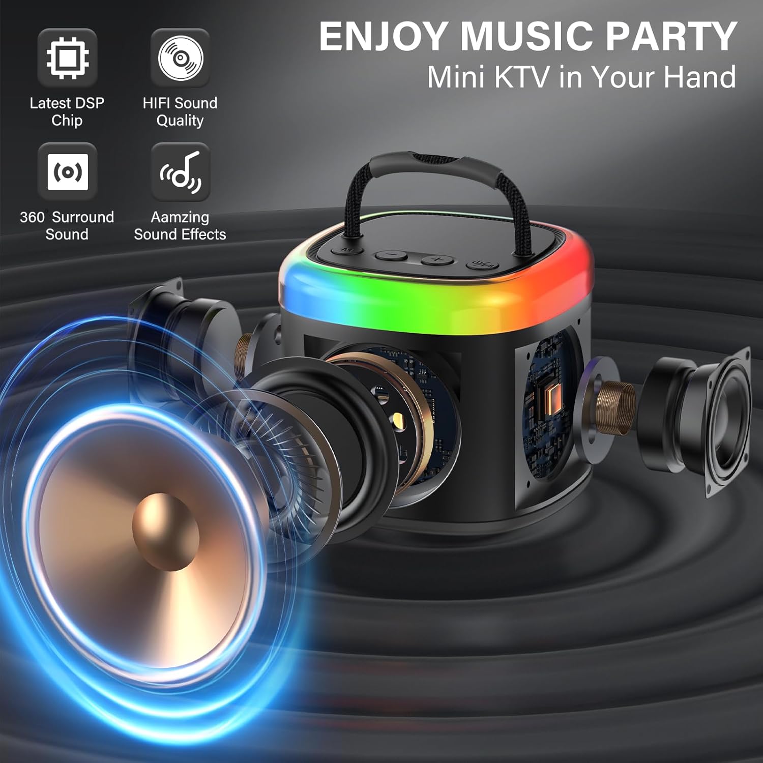 JYX Mini Karaoke Machine for Kids - Black Bluetooth Speaker Unpowered Cabinets with Party Lights and 1 Wireless Microphone, Great for Adults, Ideal for Family Home Parties and Birthday Gifts - Image 3