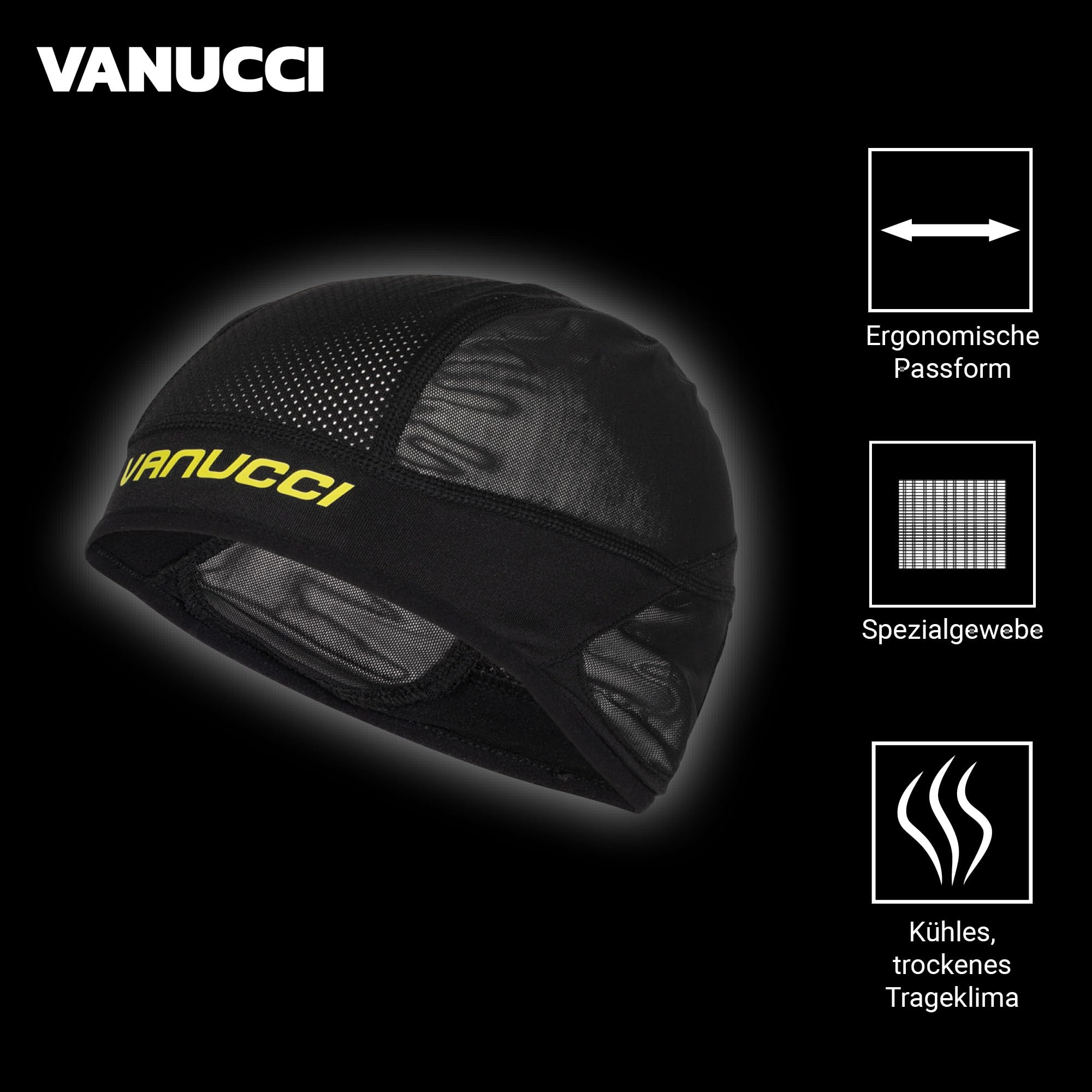 Vanucci Unterziehmütze Sommer für Helm – Atmungsaktive Helm-Unterziehmütze als Cap/Skullcap/Headcap für Motorradhelm & Fahrradhelm, Mütze unter Helm, Unisex, Schwarz