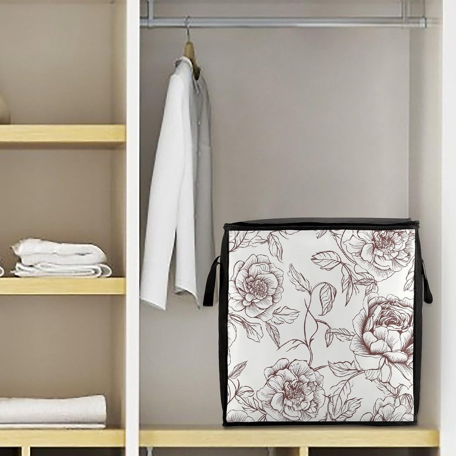 Line Floral Rose Flowers Design2 Storage Bag with Zippers And Handle Extra Large Bedding Comforter Storage Bag Foldable Blanket Storage Bags Fabric Moving Bags for Closet Organizer (70L)
