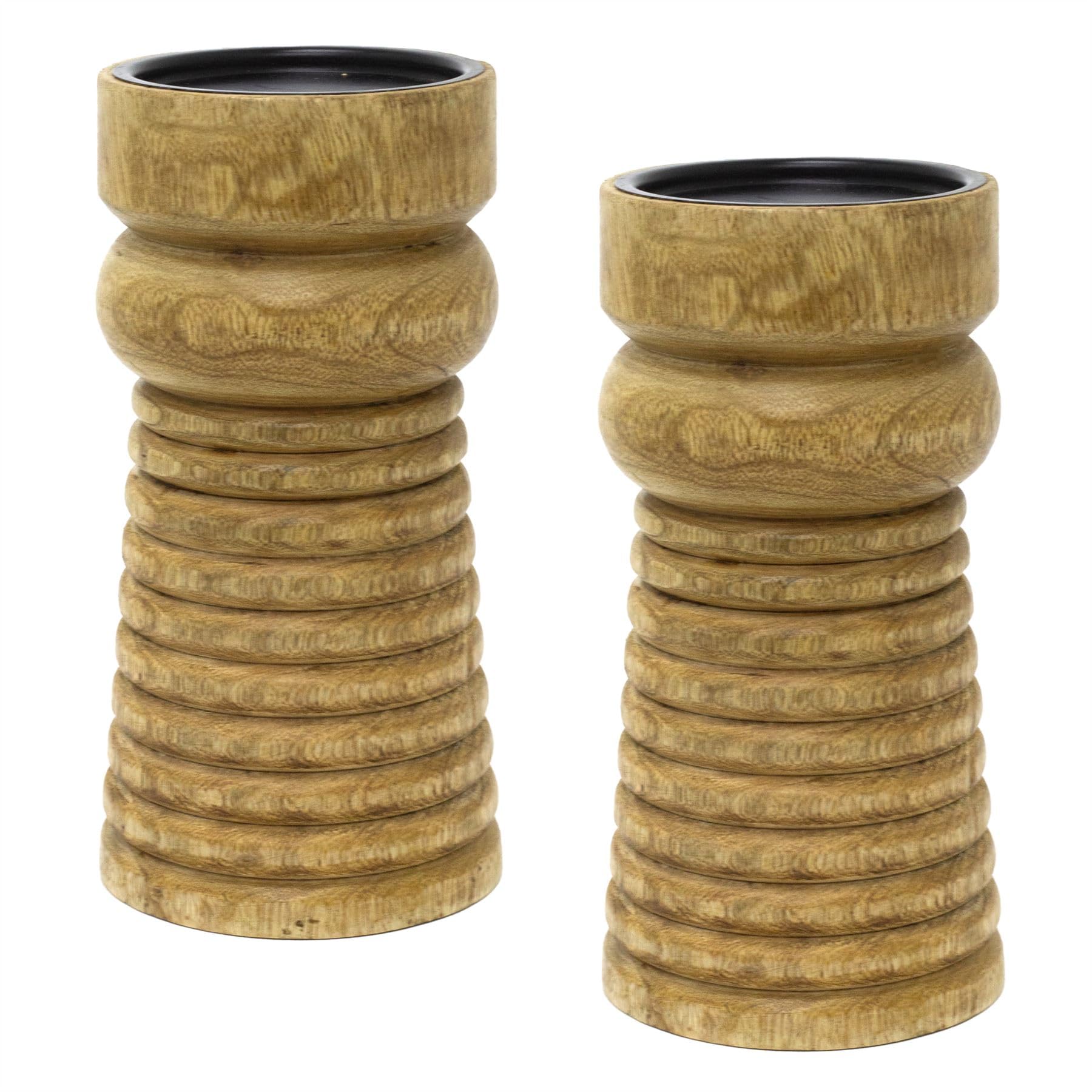 Carousel Home Natural Set Of 2 Wooden Ribbed Candle Holders | Large Mango Wood Pillar Candle Holders | Decorative Candlesticks For Tables, Mantels & Shelves - 20Cm