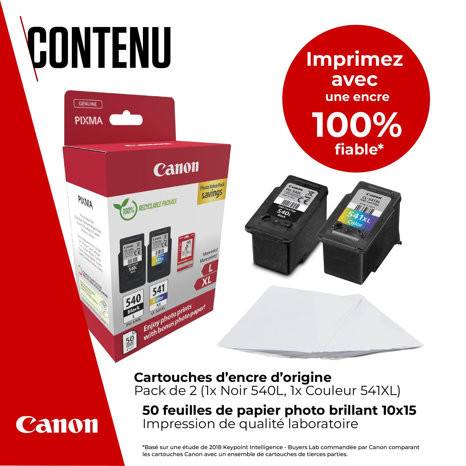 Canon PG540L / CL541XL Lot de 2 Cartouches d'encre Authentiques à Haut rendement Couleurs et Noir 50 Feuilles de Papier Photo 10 x 15 cm