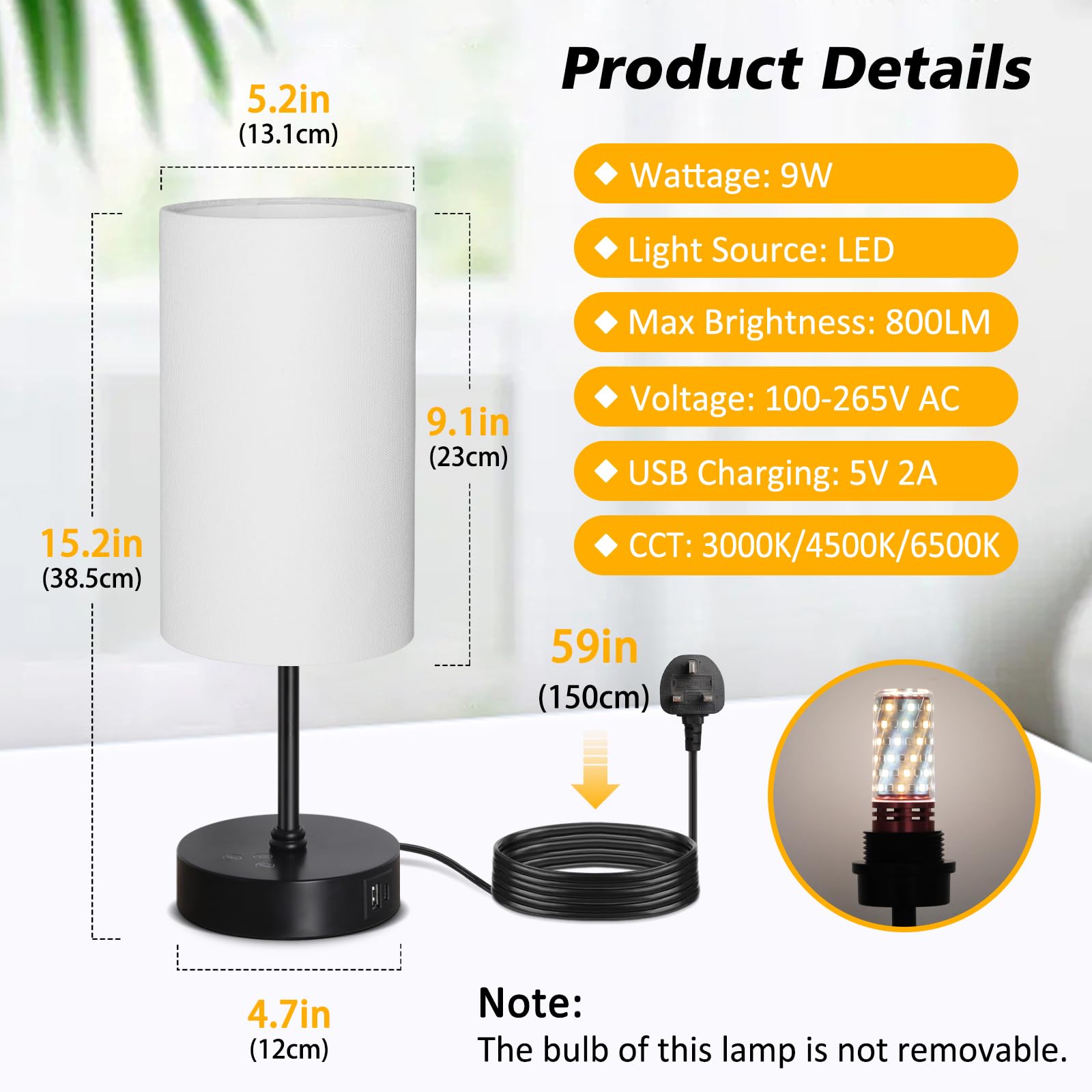 Befurglor Bedside Lamps, Dimmable 3 CCT & RGB 7 Colors Table Lamp with USB A+C Charging Ports - Image 2