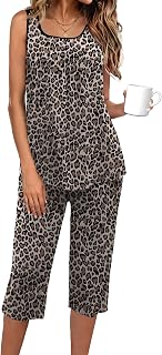 Ekouaer Capri Pajama Sets for Women 2 Piece Sleeveless Lounge Set S-XXXL | Sleeveless scoop-neck tank with front pleats & patchwork shoulders. Elastic-waistband capri pants,Mom or Granny Pjs.