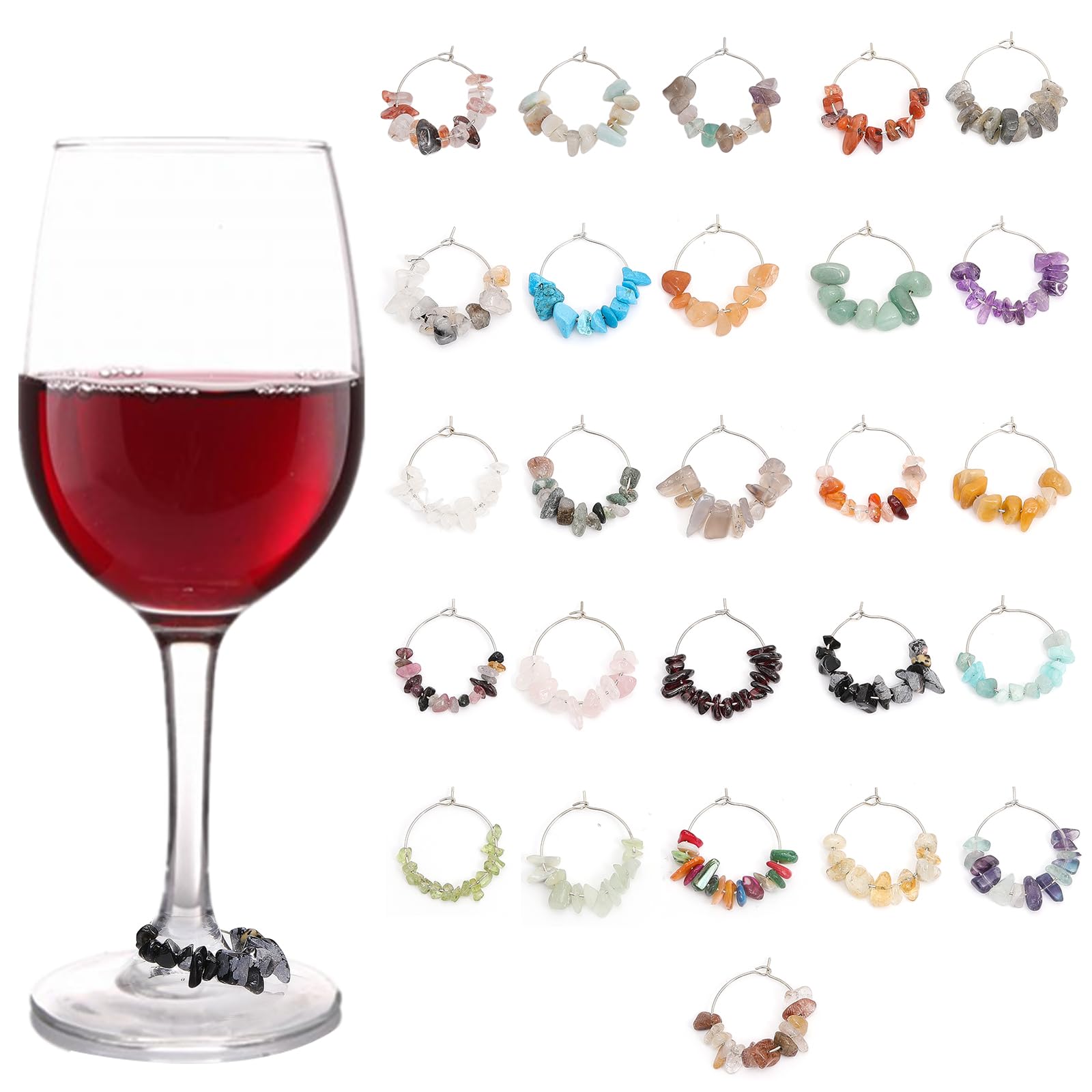 GLOBLELAND 26pcs Gemstone Chips Wine Glass Charms Wine Charms with Brass Rings Wine Glass Markers Drink Markers Tags for Stem Glasses Single Glamour Party Decorations
