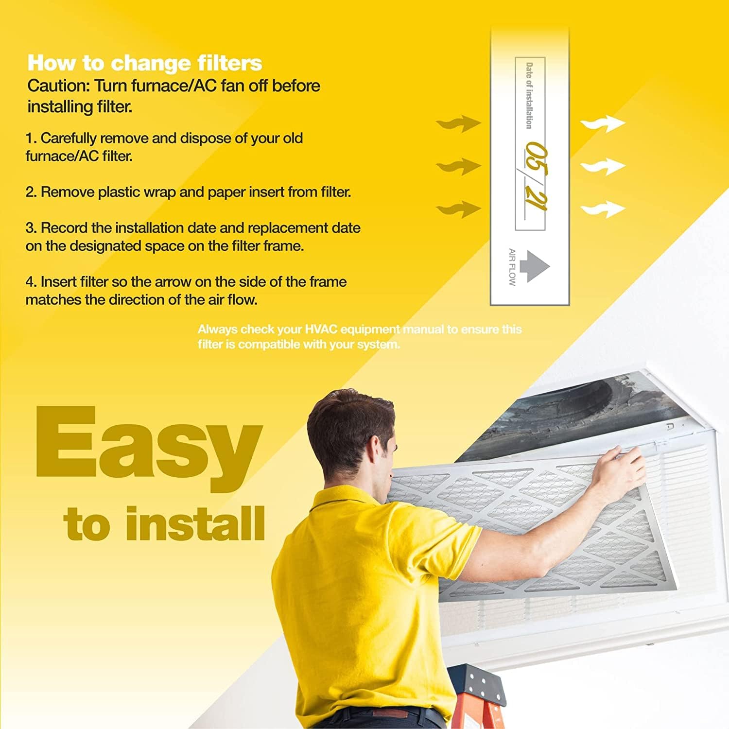 Diagram showing how to change filters with an arrow indicating airflow direction and space to record date