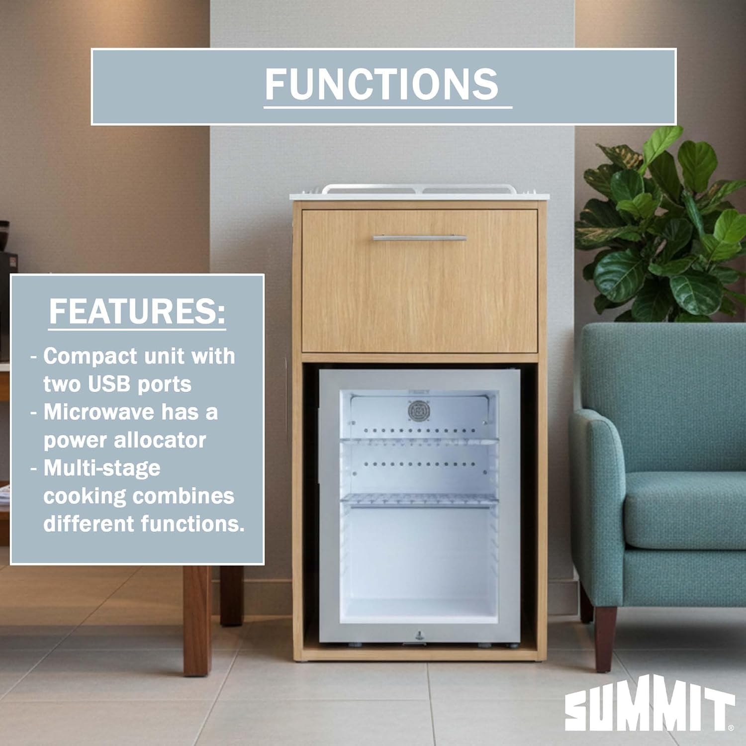 Summit 21" Coffee Station With Minibar, 1.2 cu.ft. Refrigeration Capacity, Hospitality Cabinet, Light Oak, Stainless Steel - QCSDR3OAK