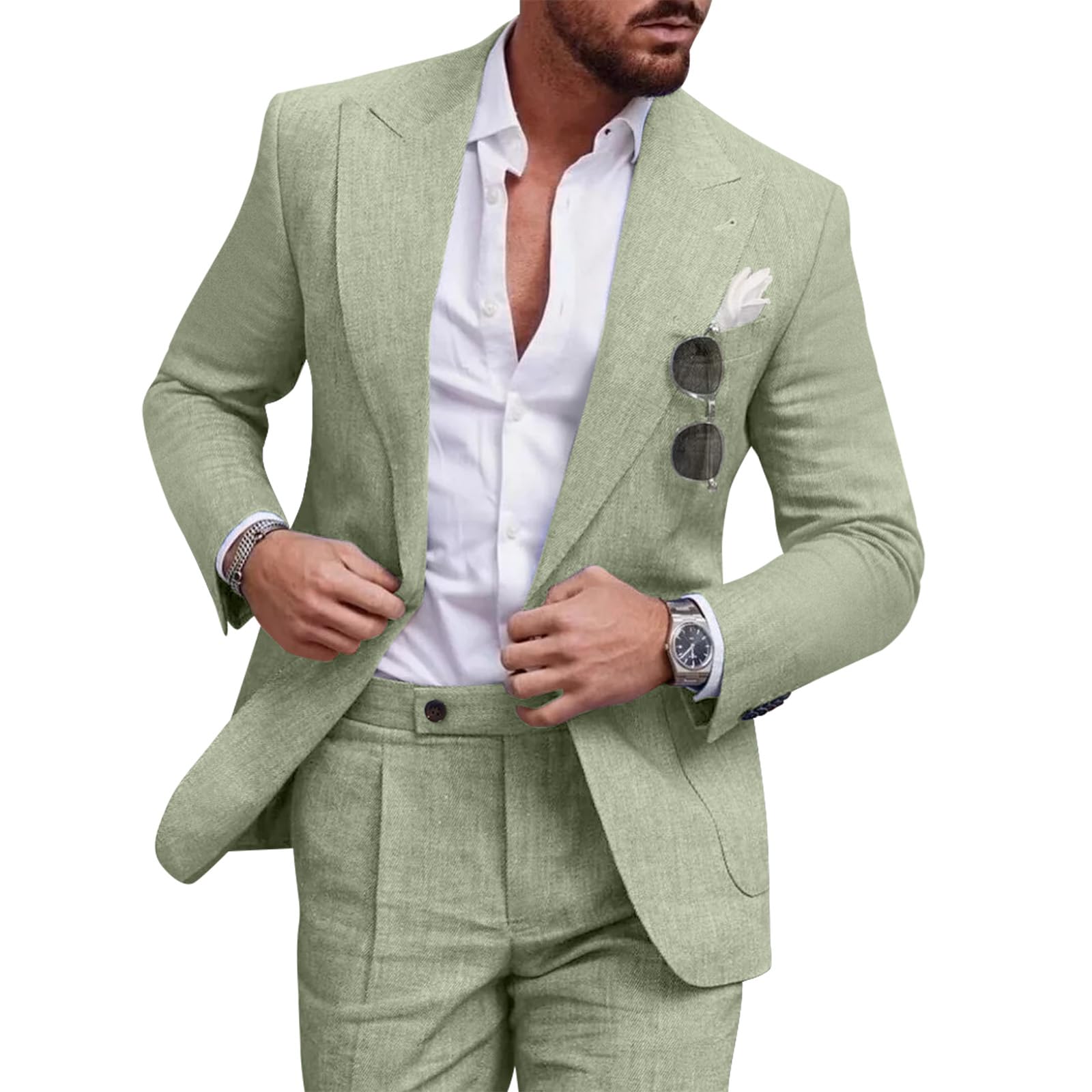 Photo 1 of Diaryan Suit for Men Linen Green Classic Fit Blazer 2 Piece One Button Solid Jacket and Pants for Prom Wedding Business L