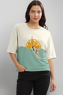 Beige Printed Loose Fit Crew-Neck Crop T-Shirt for Women