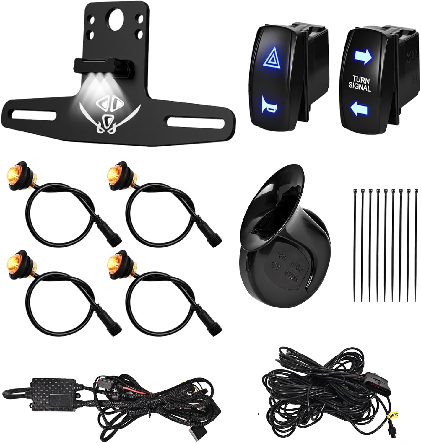 UTV Turn Signal Kit and License Plate Bracket with light, Pre-Wired, Plug and Play with Horn and Rocker Switch, Compatible with Polaris, Pioneer, Can-Am, Kawasaki, CFMOTO