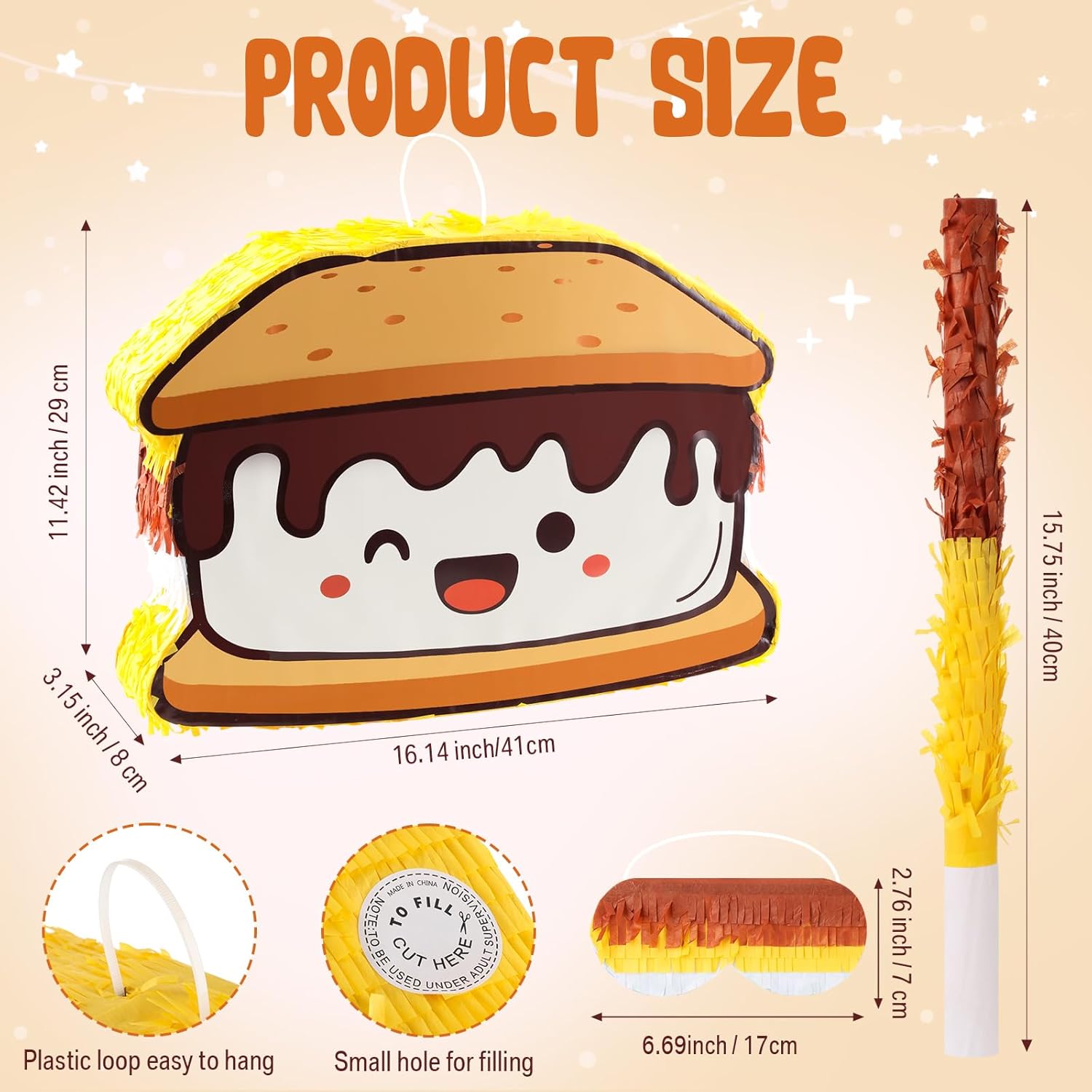 Wink Design S'mores Piñata Party Decoration Set Cookie Piñata with Confetti Blindfold and Bat Stick for Birthday Festival Game Camping Bonfire Party Decoration Supplies