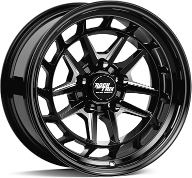 RockTrix RT118 17 inch Wheel Compatible with Jeep Wrangler JK JL 17x9 5x5 Wheels -12mm Offset, 4.5in Backspace 5x5 PCD, 71.5mm Bore, Milled Gloss Black Wheels, Also fits Gladiator JT Rims
