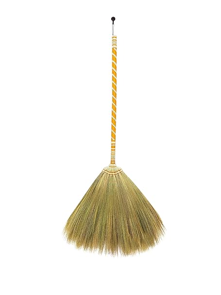 Natural Grass Broom Length 39-40 Inch with Bamboo Orange Handled Indoor Outdoor Smooth & Hard Floor - Sweeping Cleaning Tool Unique Handmade Craft Broom Design for Home, Kitchen, Grage, Bedroom