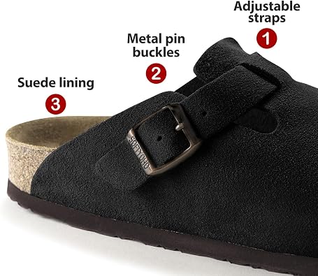 SOFTYOHO Clogs for Women Men, Mules with Arch Support and Adjustable Buckle, Suede Leather Cork Footbed Potato Shoes