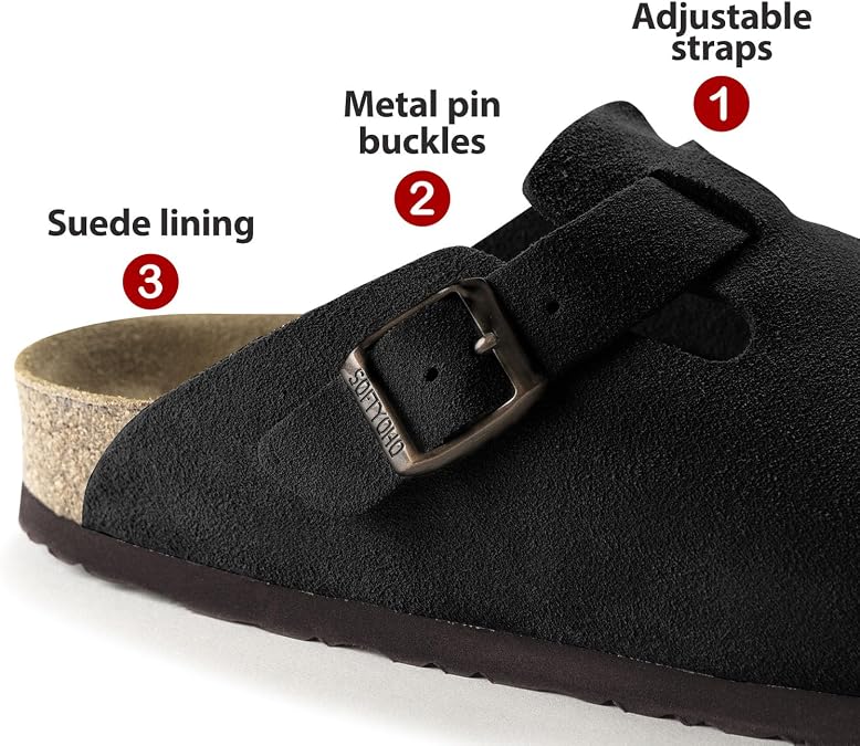 SOFTYOHO Clogs for Women Men, Mules with Arch Support and Adjustable Buckle, Suede Leather Cork Footbed Potato Shoes