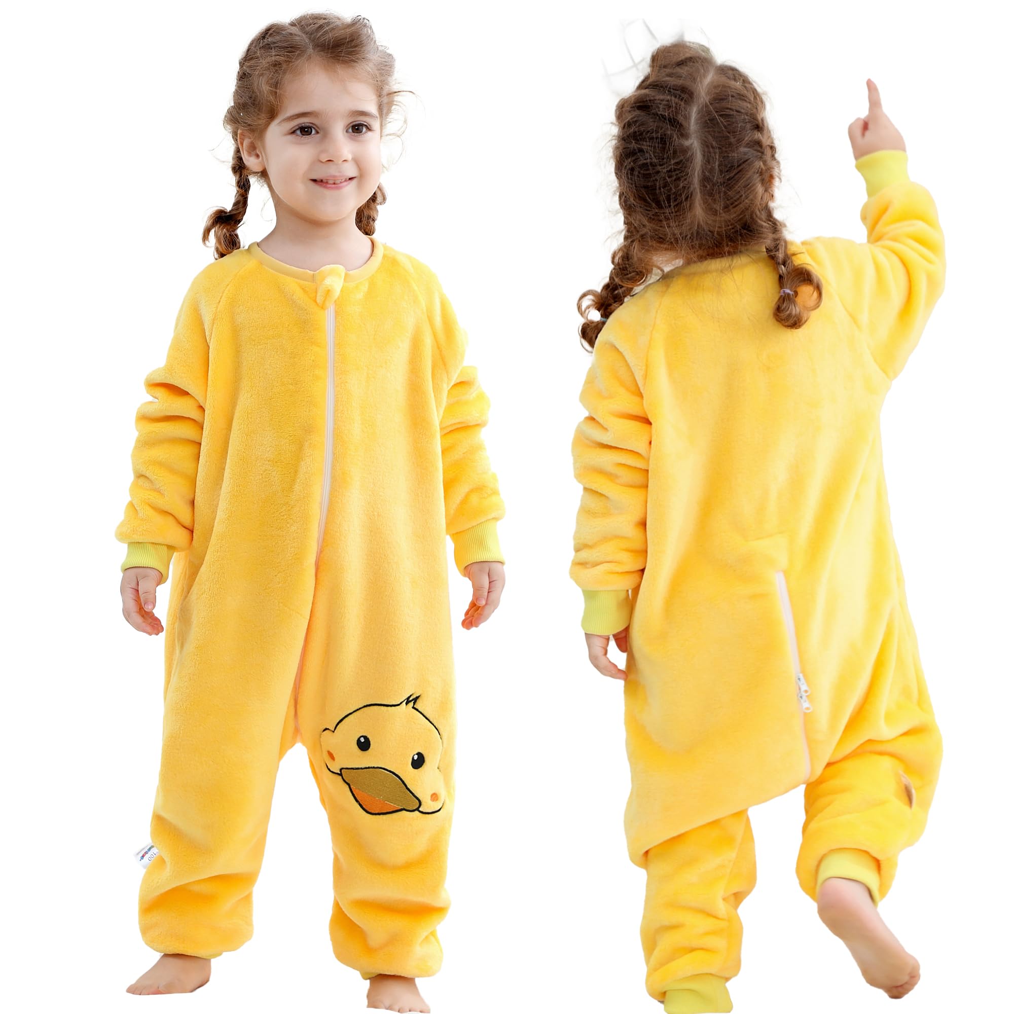 HAHASHOW Schlafsack mit Füßen 2.5 Tog, Flanell Schlafsack Baby Winter, Schlafanzug Baby mit Ärmel, Pyjama Kinder 9-18 Monate,Ente