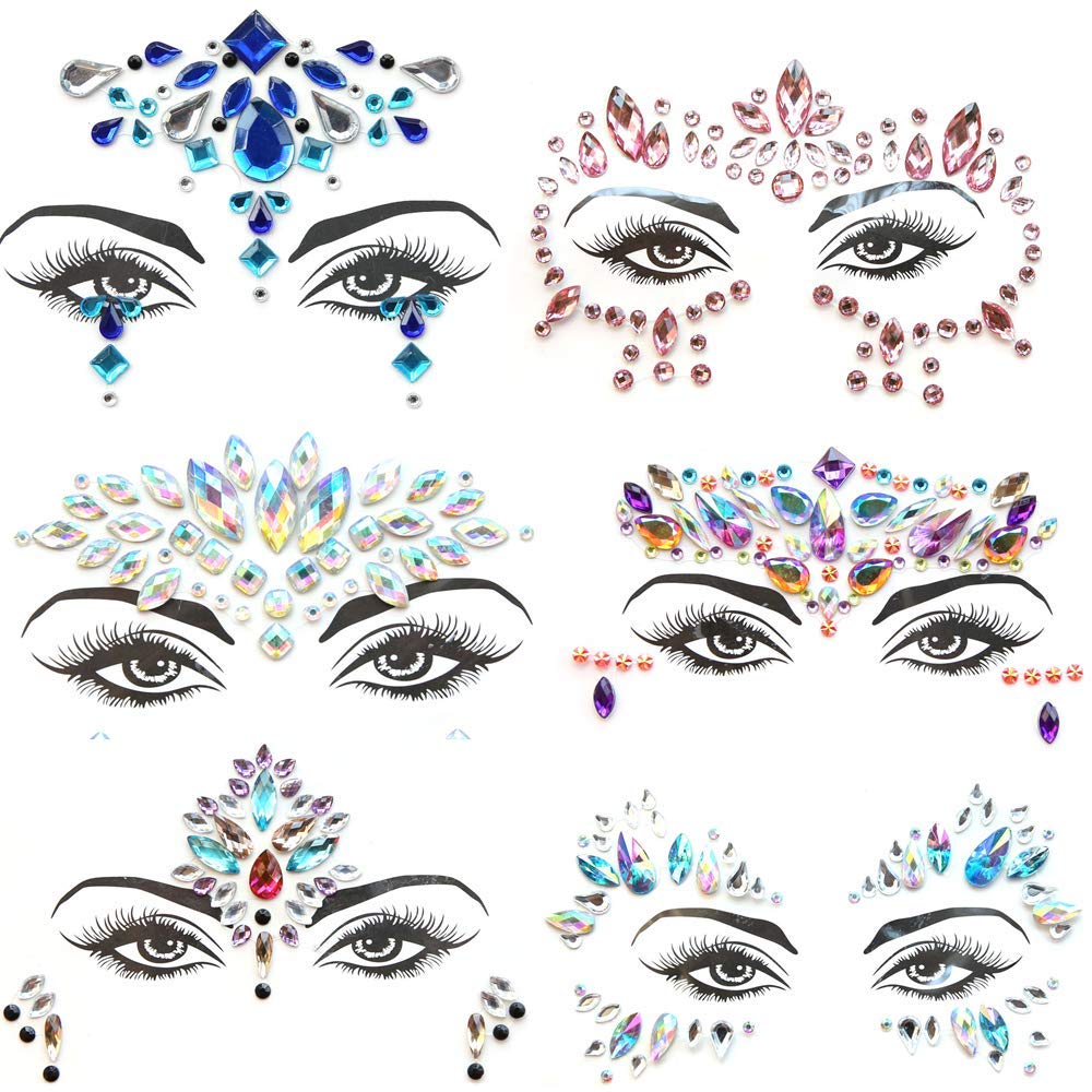 Bkrdty Face Gems 6 sheets Face Glitter Rhinestone Festival Gems for Festival Party Rave Festival Dress-up Stick on Make Up