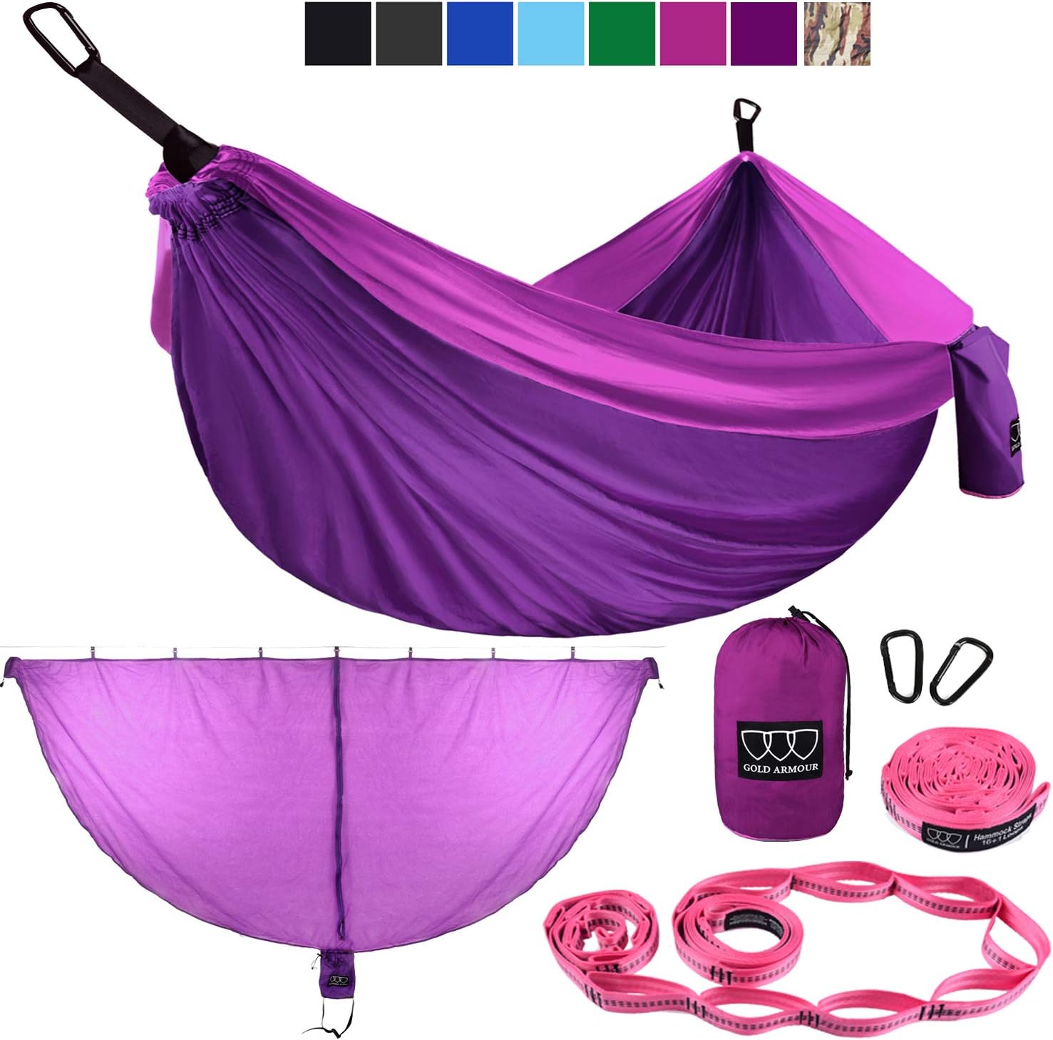 Gold Armour Camping Hammock with Bug Net - XL Double Hammock Portable Hammock Camping Accessories Gear Mosquito Bug Net Set for Outdoor Indoor, USA Based Brand (Purple & Fuchsia)