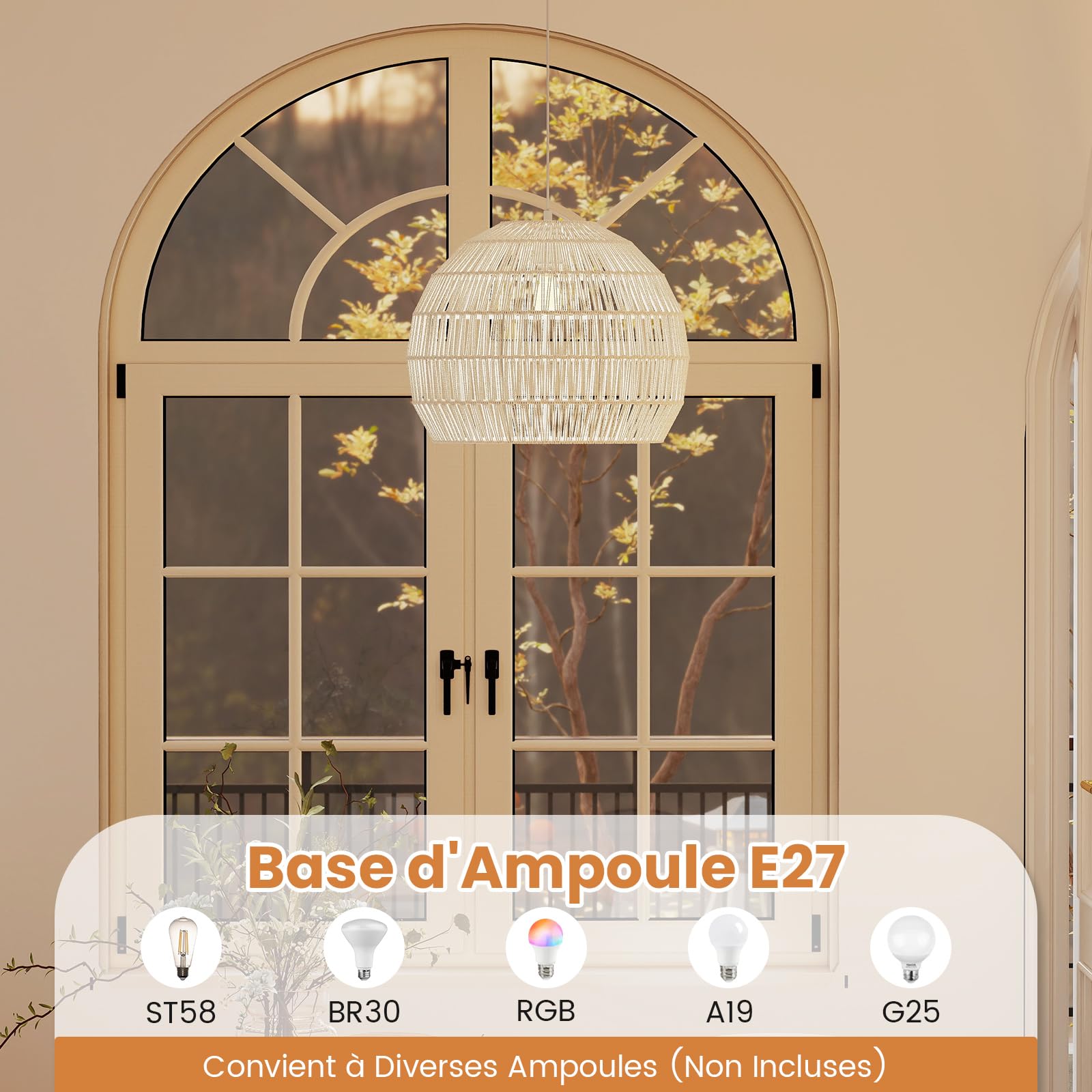 GOPLUS Suspension Luminaire Sphérique 34 x 43 CM, Lustre Salon avec Abat-jour en Papier Huilé, Hauteur Réglable 30-150 CM, Facile à Installer, Idéal pour Salle à Manger, Salon, Chambre (Beige)