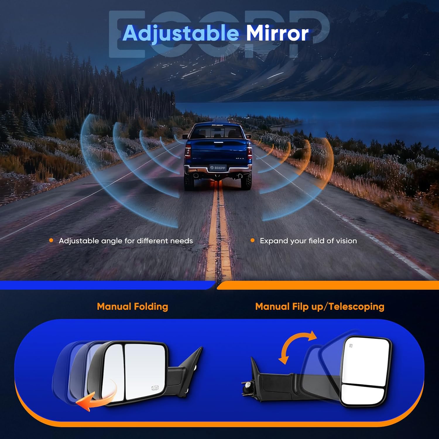 ECCPP Towing Mirrors Left and Right Side Tow Mirrors Replacement fit for 1998-2002 for Dodge for Ram 1500 2500 3500 Truck with Power Adjusted Heated No Light A Pair Manual Filp up