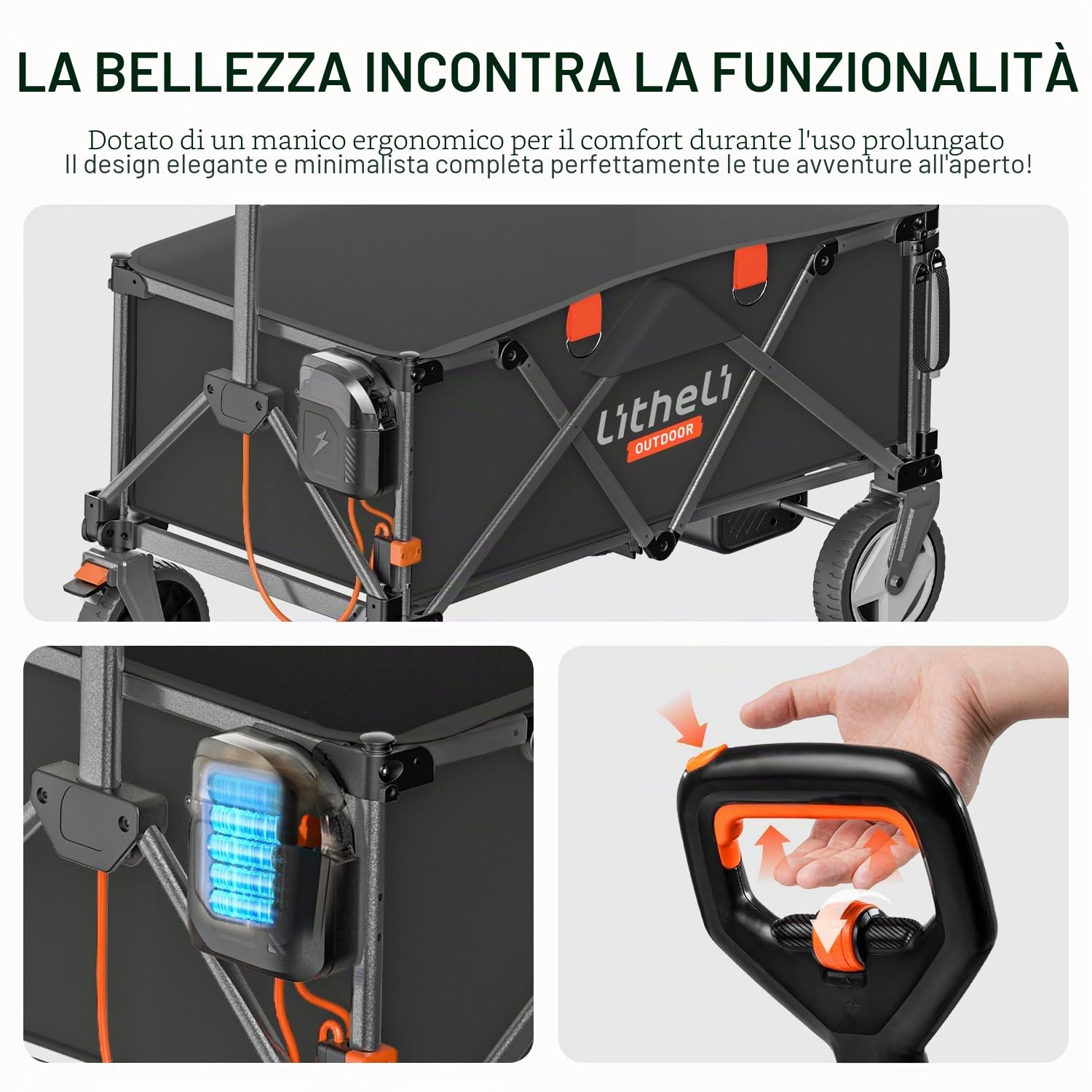 LiTHELi Carrello Elettrico Bollerwagen Pieghevole, Carrello a Mano Pieghevole con Freni 200L 60KG Portata Massima, Carrello Pieghevole Adatto per Campeggio, Giardino, Acquisti, 1 Batteria (Nero)
