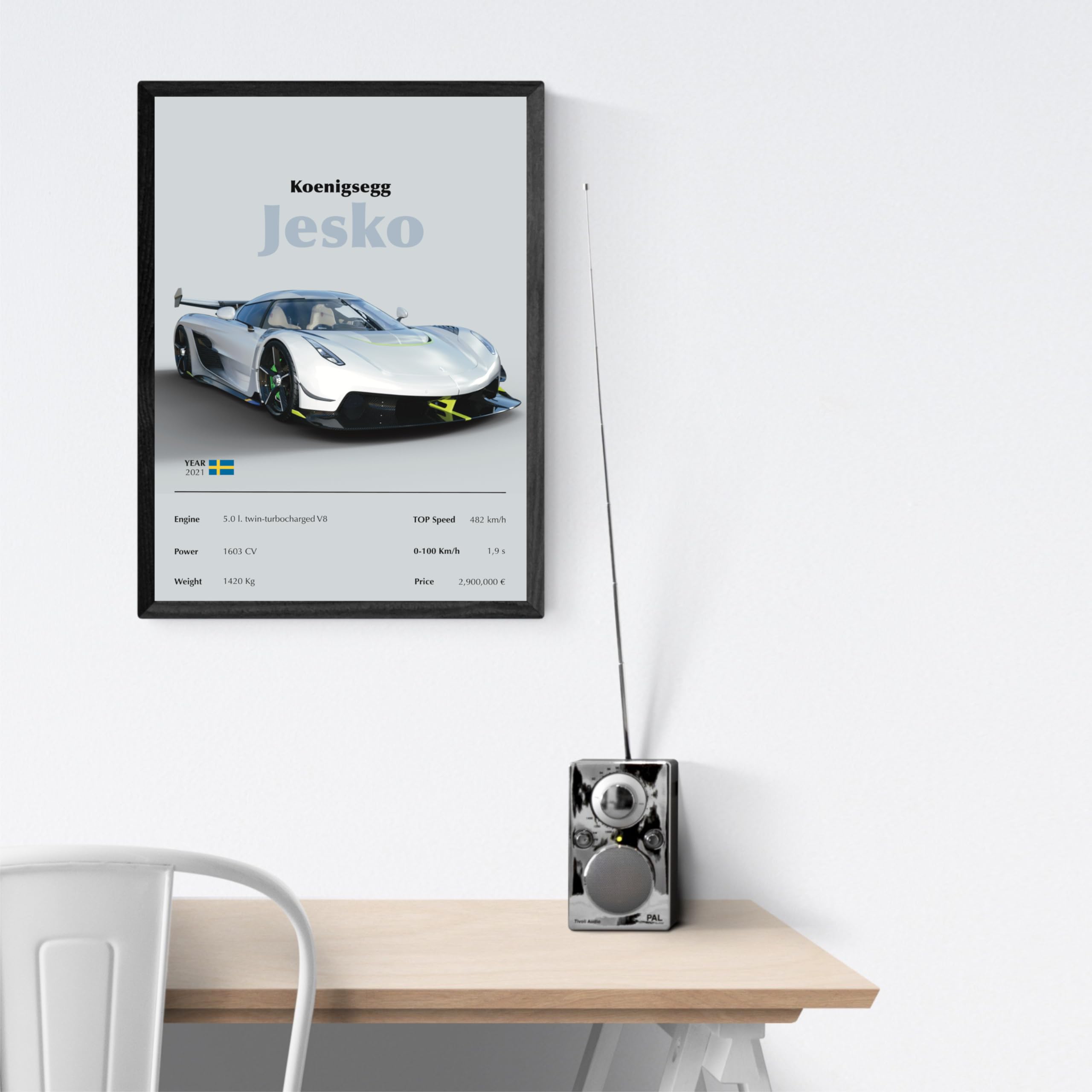 ANDSAL Koenigsegg Jesko Poster Autogramm Digitale Kunst A3 Poster Gerahmt Dekorativ Gedruckte Geschenk Idee Motorbesessenen Druck (Schwarzer Rahmen)