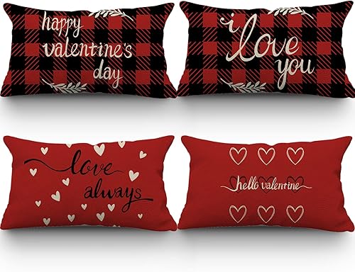 Juego de 4 fundas de almohada para el Día de San Valentín de 12 x 20 pulgadas, fundas de almohada con diseño de corazón rojo y amor para el hogar,
