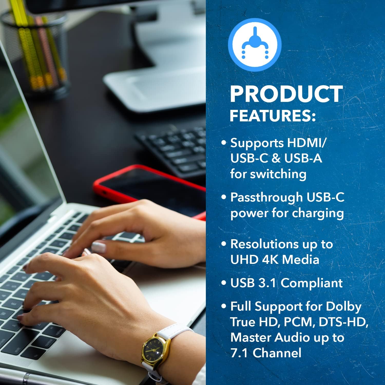 OREI 3 Port KVM Switch 4K@60Hz, 1 USB-C DP Input, 2 HDMI Inputs & 4 USB 2.0 Ports to Connect Flash Drives, Printers and Keyboard-Mouse (UKM-301C)