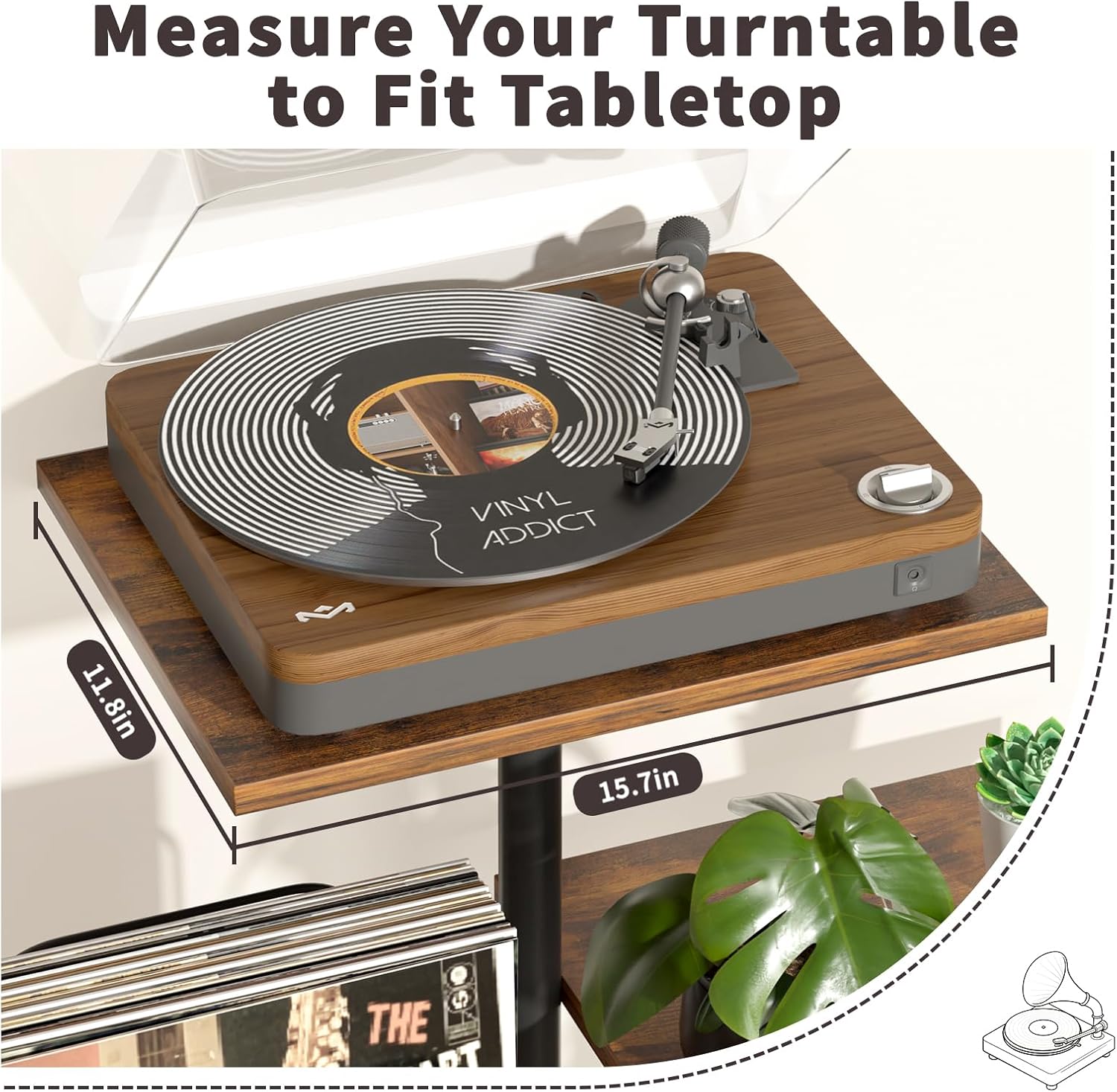 Bikoney Botanical Record Player Stand,Vinyl Record Storage Holder with Plant Stand, Vintage Turntable Stand Table with Record Album Display Shelf,Unique Record Console Cabinet,Mid Century Modern Wood