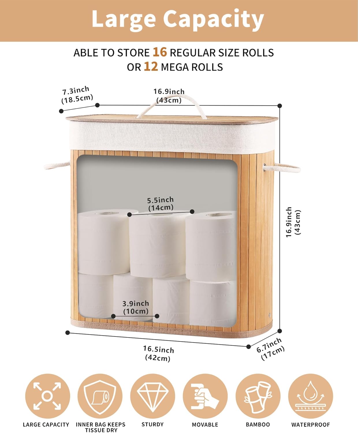 Bamboo Toilet Paper Storage with Lid & Handel, 8 Gallons (30L), Sturdy Toilet Paper Basket, Organizer for Bathroom, Kitchen, Holder with Storage, Natural