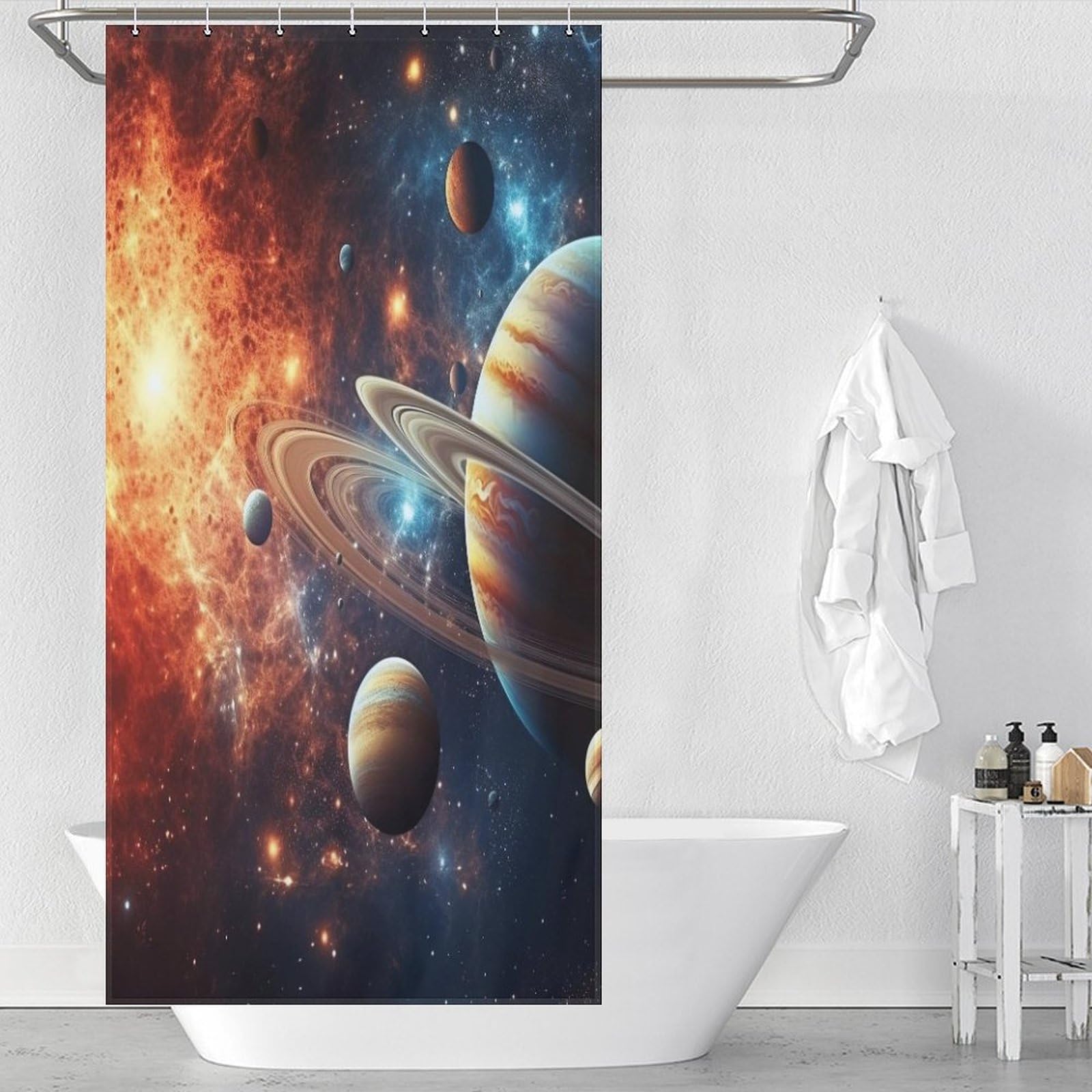 Rideau de douche lavable en machine planète imperméable en polyester pour espace d'angle