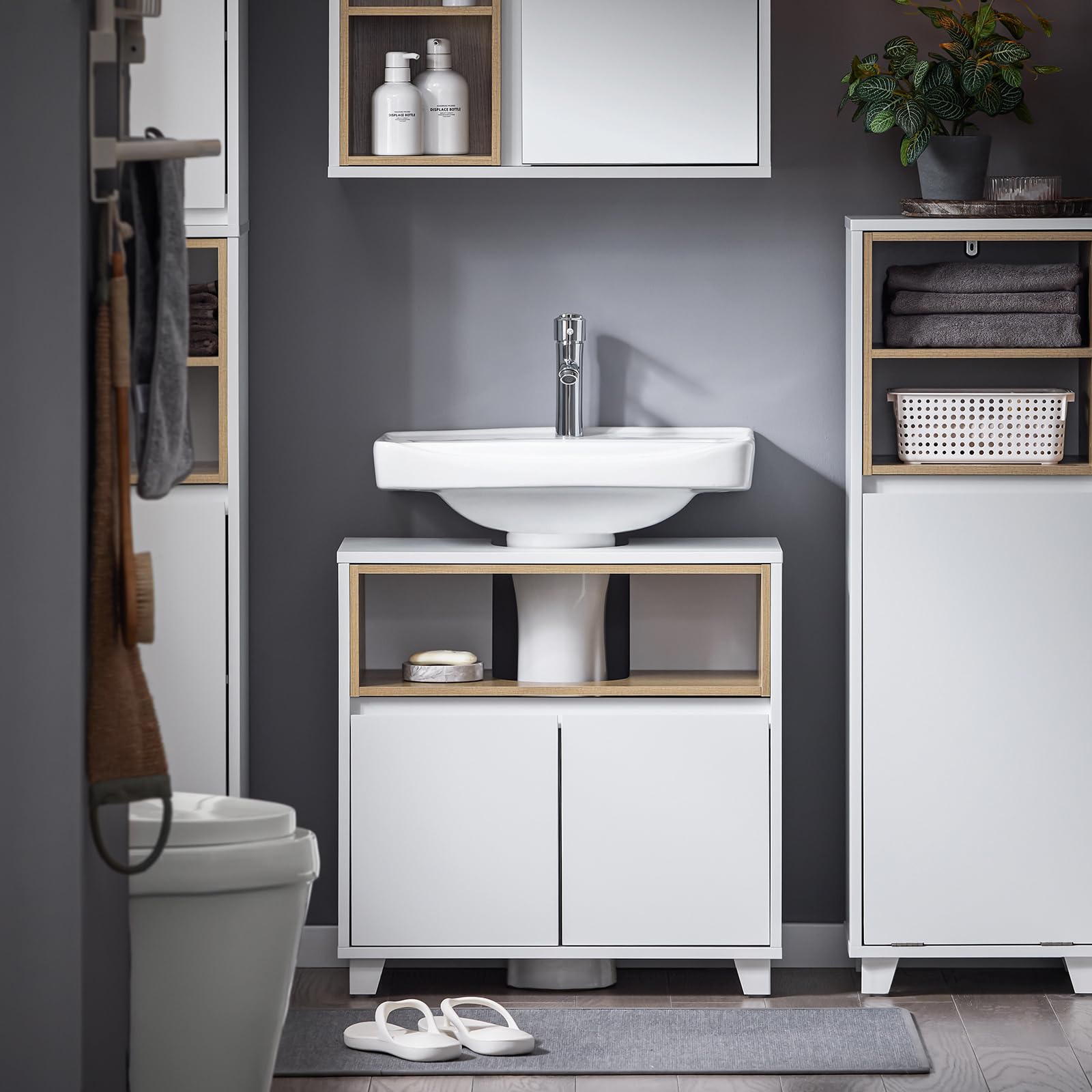 SoBuy Meuble sous Lavabo Salle de Bain Meuble Vasque Armoire de Rangement avec 2 Compartiments et Porte, Design Bois-Blanc, pour Petit Espace et Ensemble Meubles Salle de Bain 60x30x61 cm BZR148-W
