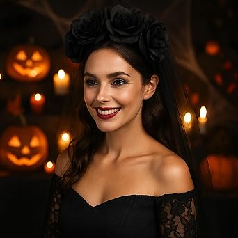 Adult Halloween Zombie Bride Black Veil With Flowers Fancy