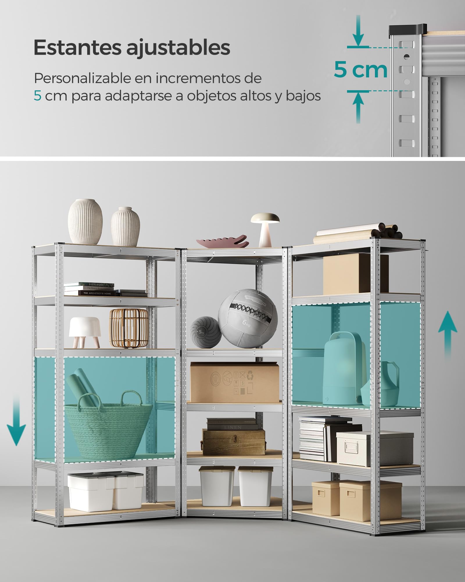 SONGMICS Juego de Estantería Esquinera de 5 Niveless, Estantería de Esquinera de Acero de Alta Resistencia, para Garaje, Almacén, Bodega, Carga de 2625 kg, Plata Pálido y Beige Natural GLR070E03