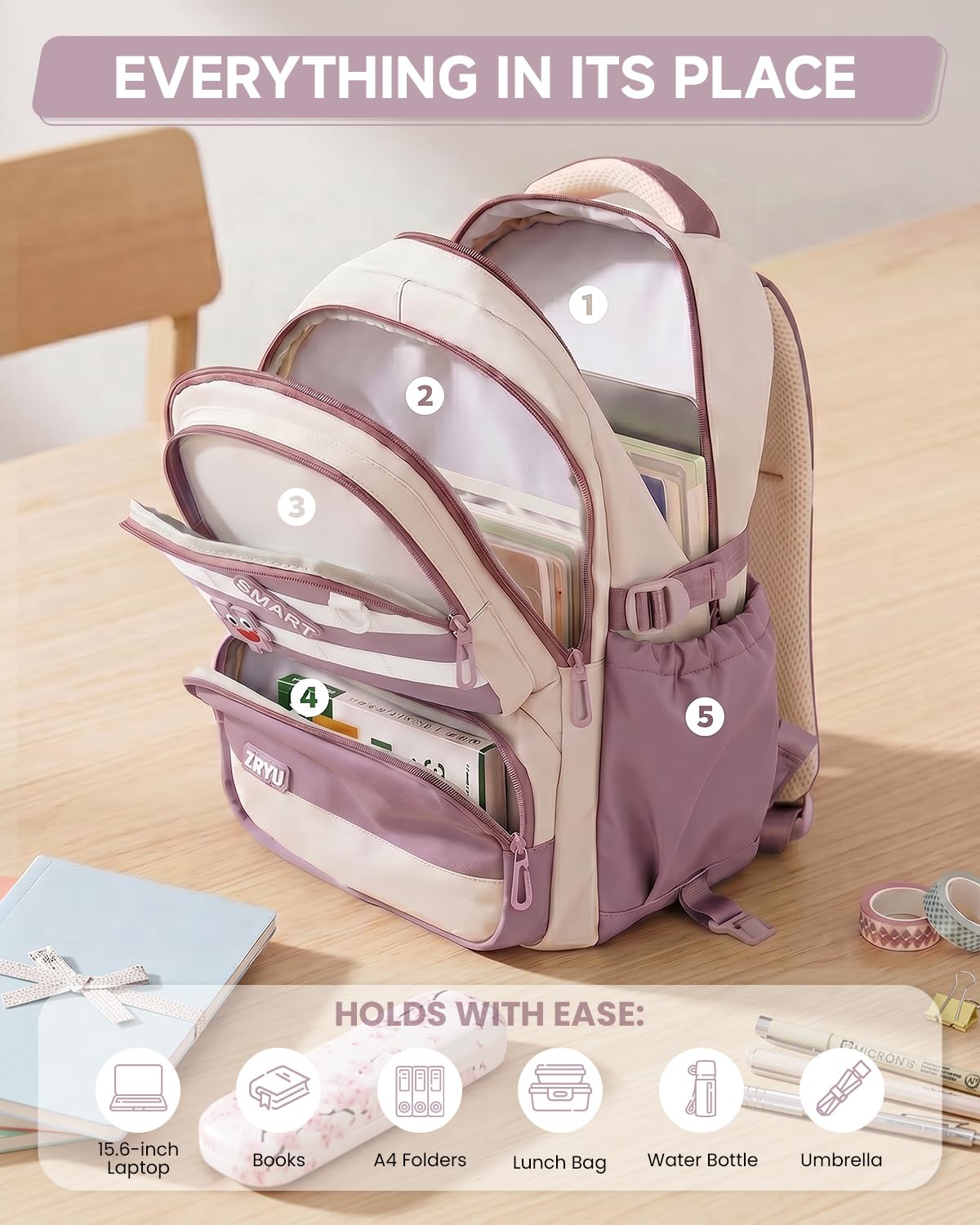 Amythe Cartable à Roulettes Fille – 6 Roues Amovible, 9-16 Ans, Violet