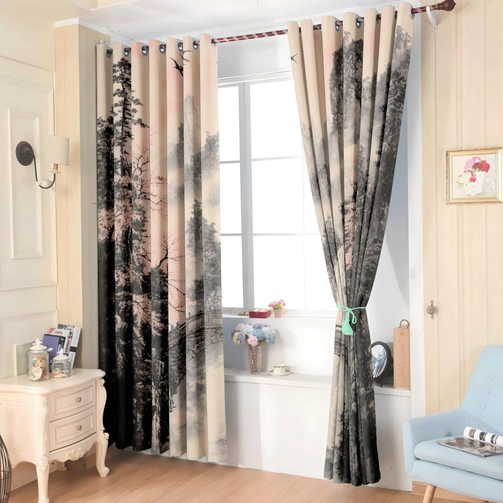 Curtain Schwarze Landschaft Gardinen Polyester Vorhang mit Ösen Blackout Curtain Waschbar Vorhänge mit Ösen Living Room Thermovorhang Schlafzimmer Verdunklungsvorhänge Blickdicht 2x140x160