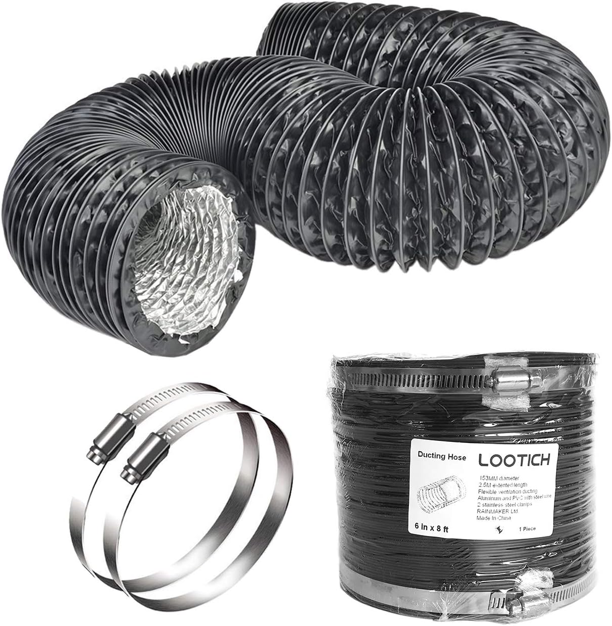 Strong 6" Air Duct 8 FT Long Black PVC Flexible Aluminum Ducting with 2 Stainless Steel Clamps 4 Layer HVAC Ventilation Hose for Grow Tents Dryer Rooms House Vent Register Lines