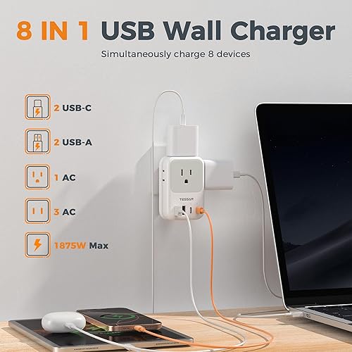 Miniatura 4 de Bloque de cargador USB C de 20 W, adaptador de carga rápida TESSAN PD con enchufe plegable, extensor de toma de corriente de 1875 W (4 CA y 4 USB)