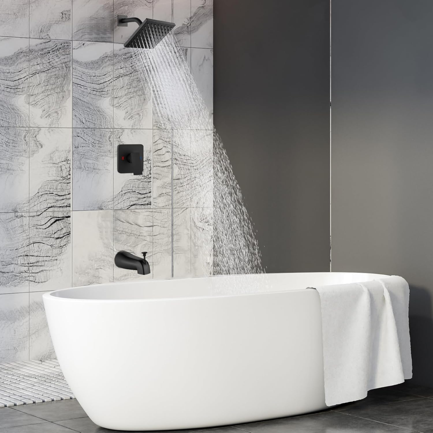 Heyalan Bathtub Shower Faucet Set, 6 Inch Square Trim Kit with Single Handle, Showerhead & Handle Set, Male Thread, with Tub Spout,Matte Black