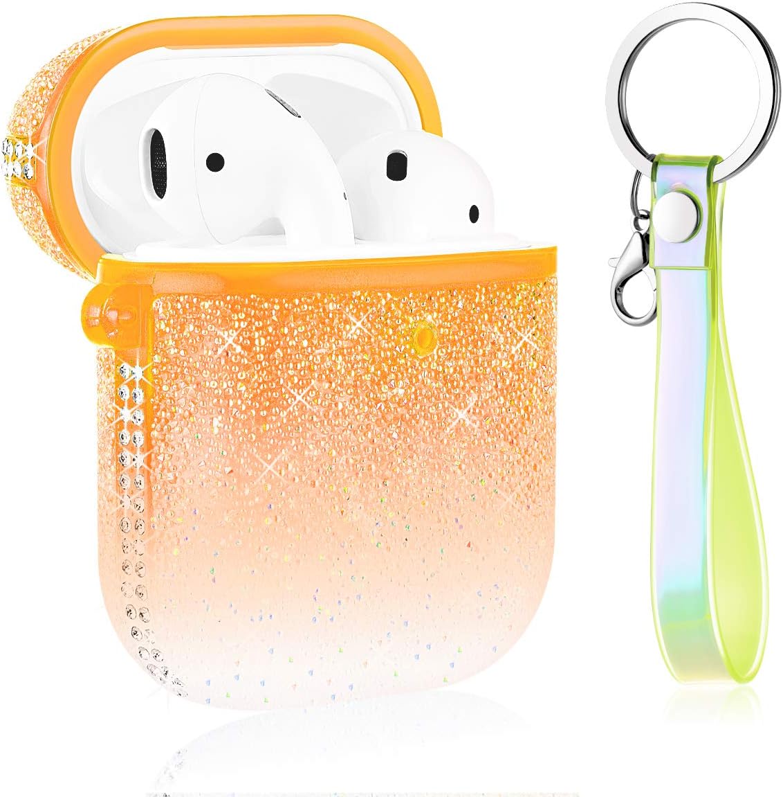 Caka Case for AirPods Glitter Case Crystal Diamond Rhinestone Bling Sparkle for Women Girls Shiny Protective Shockproof with Lanyard Case for AirPods 1 and 2 (Front LED Visible)(Gradient Yellow)
