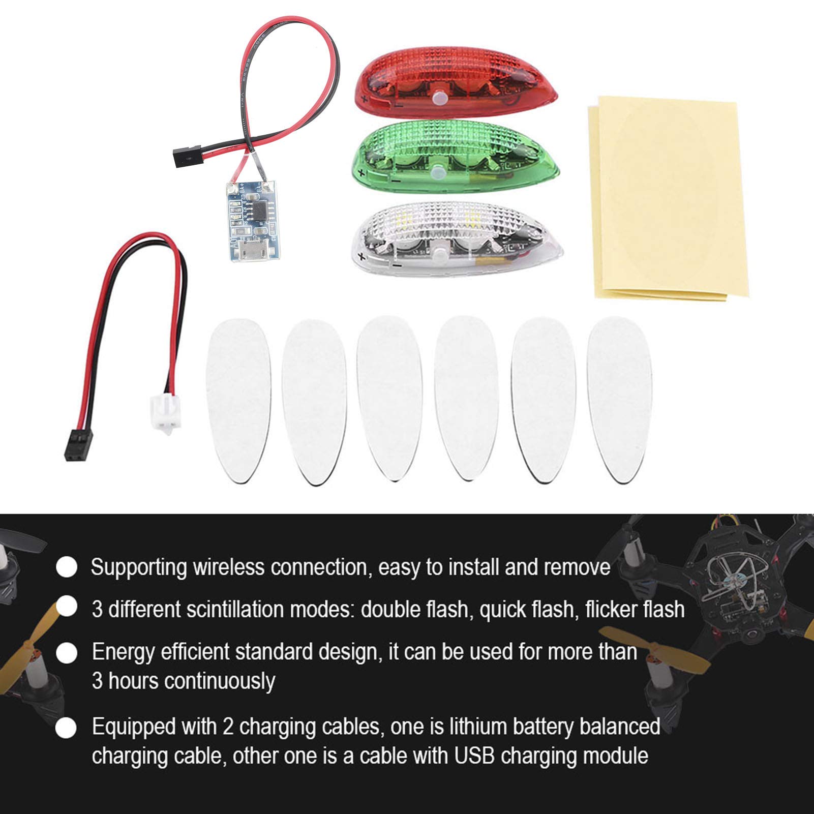 Luces estroboscópicas para drones, 3pcs/set RC Drone Flash LED Luz inalámbrica con 2 cables de carga para RC Fix Wing Avión Helicóptero
